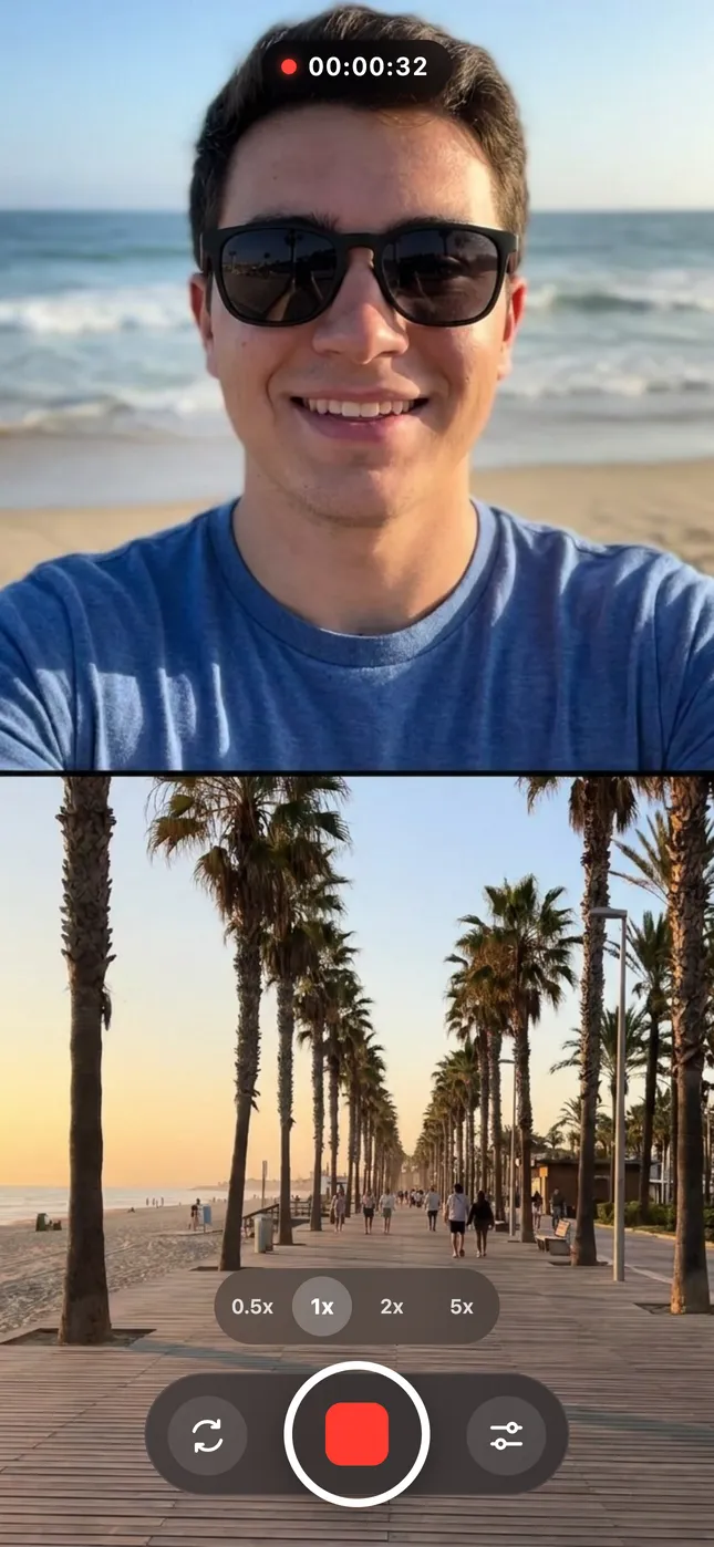 Split camera video recording on iPhone 14 with top and bottom views